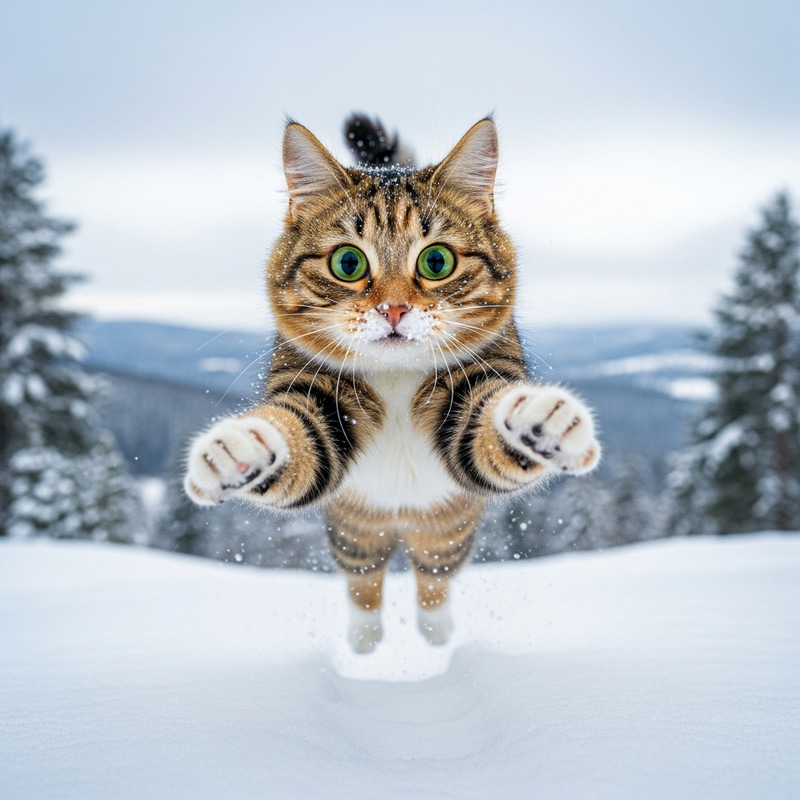 Cute Cat Jumping in Snow with Big Eyes - Adorable Pet Image Cute Cat Jumping in Snow with Big Eyes - Adorable Pet Image