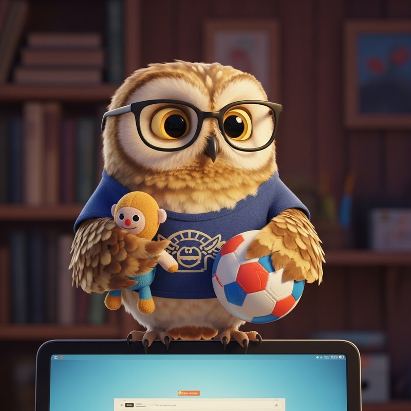 Cute Owl with Glasses on Computer Holding Doll and Soccer Ball