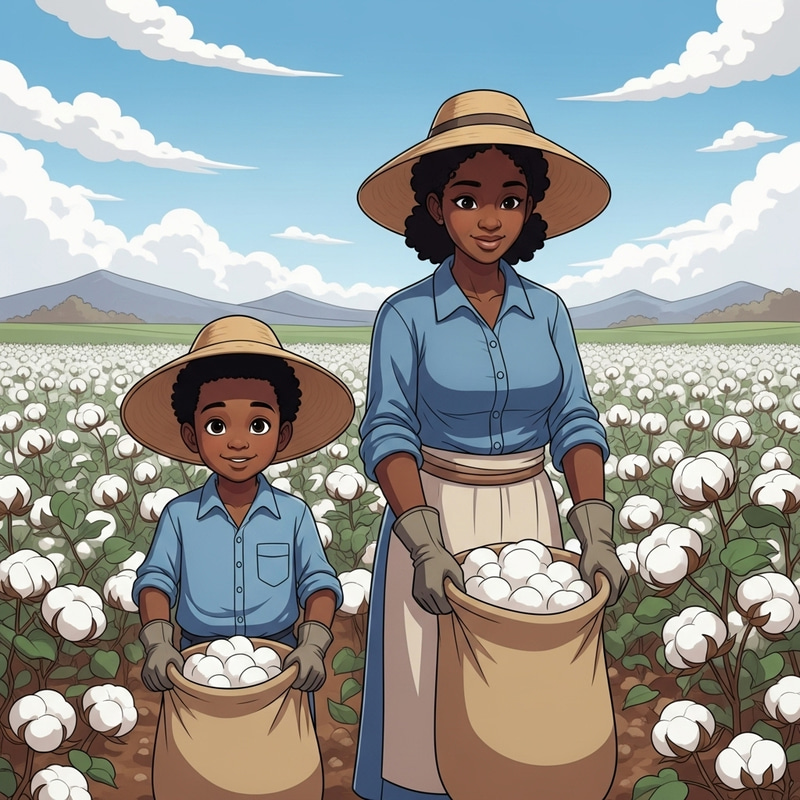 Heartwarming Cartoon Illustration of Young Black Mother and Son in Cotton Field Heartwarming Cartoon Illustration of Young Black Mother and Son in Cotton Field
