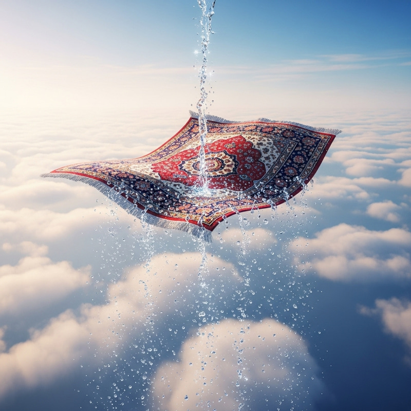 Vibrant Carpet Floating in Sky with Water Splashes