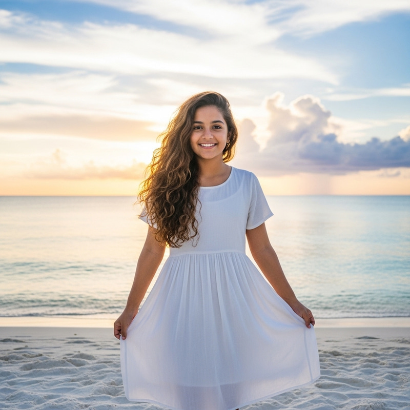 Gorgeous Girl in White Frock with Stunning Beach Hair | Sunset Glow