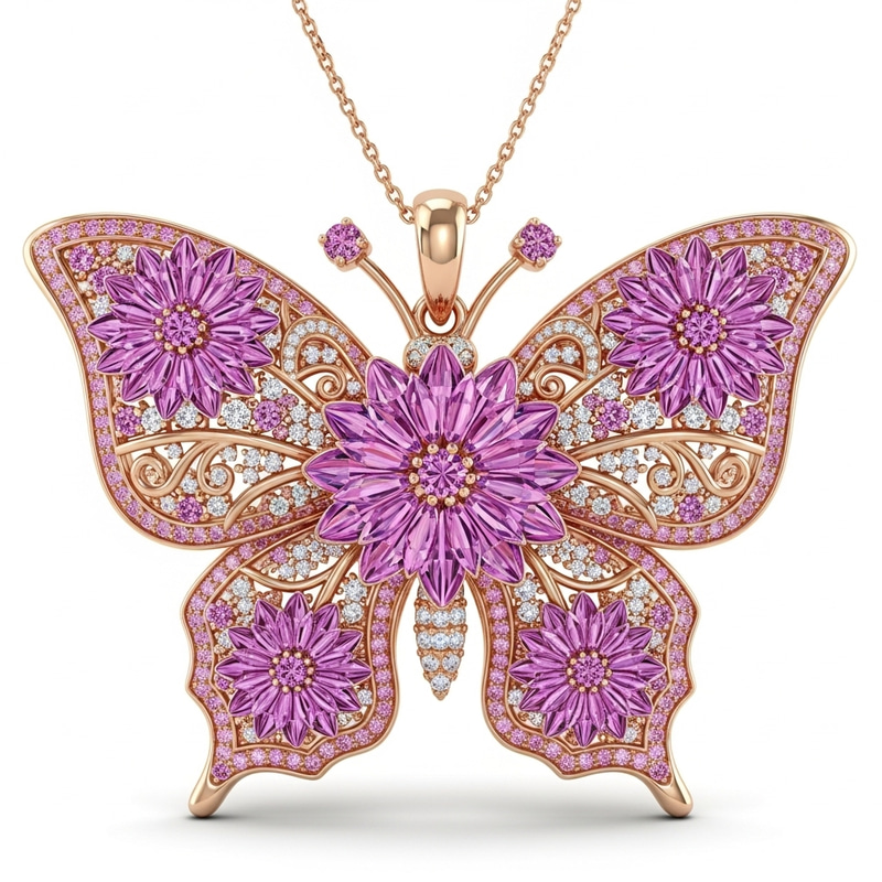 Elegant Butterfly Pendant with Pink Dahlia Stones