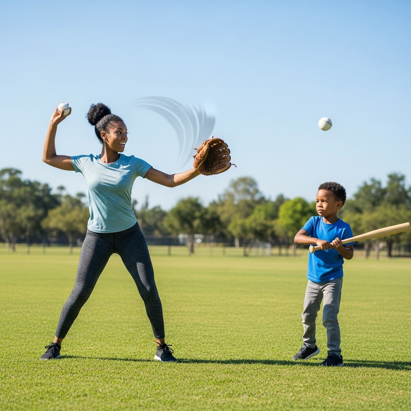 Young Black Mother Teaching Son Baseball Fundamentals Young Black Mother Teaching Son Baseball Fundamentals