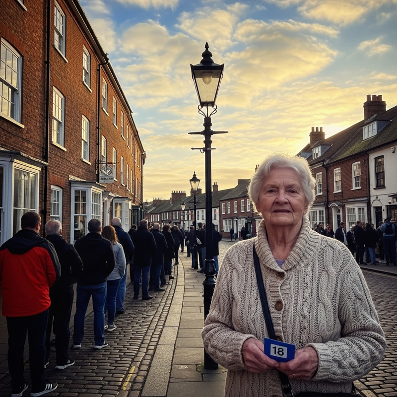 Elderly Lady Standing in Food Line at Sunset Elderly Lady Standing in Food Line at Sunset
