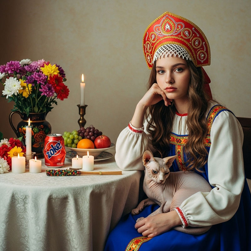Russian Girl in Kokoshnik | Introspective Scene with Cat and Intriguing Table Russian Girl in Kokoshnik | Introspective Scene with Cat and Intriguing Table