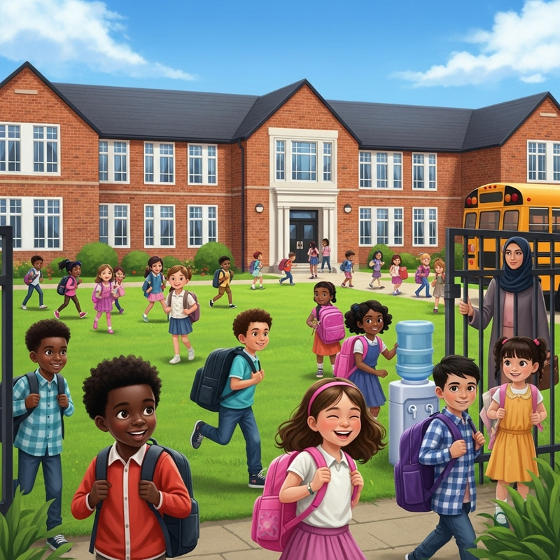 Vibrant School Scene: Bustling Building & Diverse Students Vibrant School Scene: Bustling Building & Diverse Students