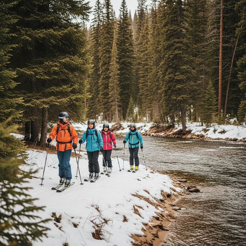 Skiers Explore Scenic Pine Forest by Riverbank Skiers Explore Scenic Pine Forest by Riverbank