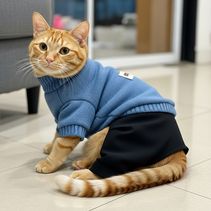 Stylish Orange Cat in Cerulean Sweater & Black Pants