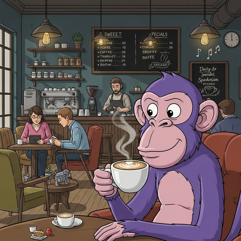Animated Purple Monkey in Cozy Coffee Shop