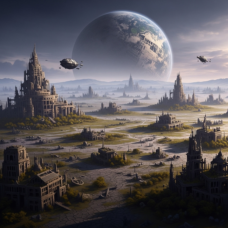 Defeated Planet: Surreal Scene of Ruins and Desolation