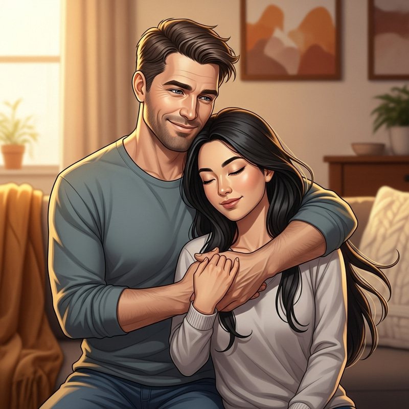 Caring Caucasian Father Embraces Asian Wife