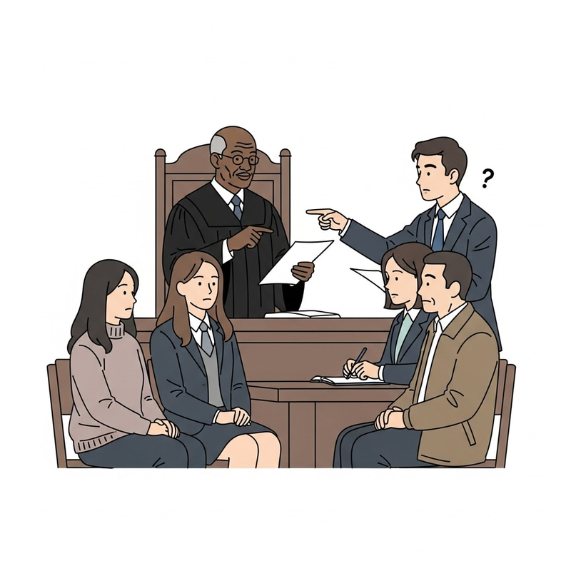Youth Justice Scene: Minimalist Depiction of Judge, Defendant, Lawyers, Parents
