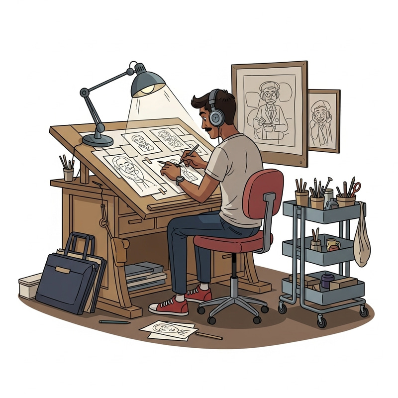 Vintage Cartoonist Drawing at Desk with 50s Hair, Listening to Music Vintage Cartoonist Drawing at Desk with 50s Hair, Listening to Music
