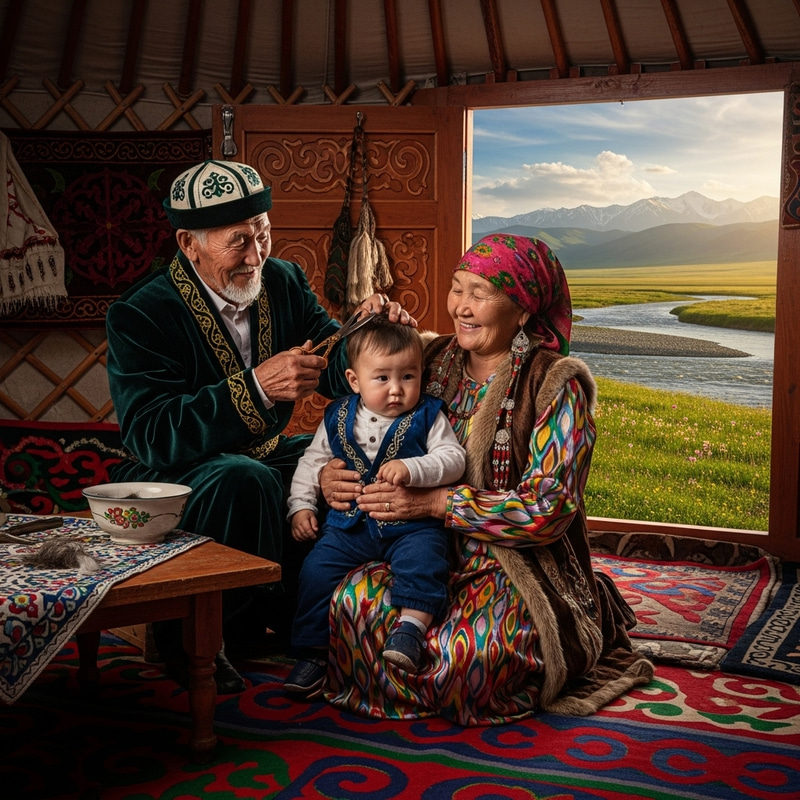 Elderly Kazakh Grandparents in Traditional Attire | Yurt Landscape Scene