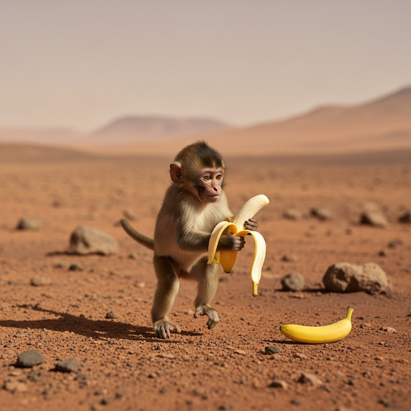 Playful Monkey on Mars with Ripe Banana Jumping Joyfully