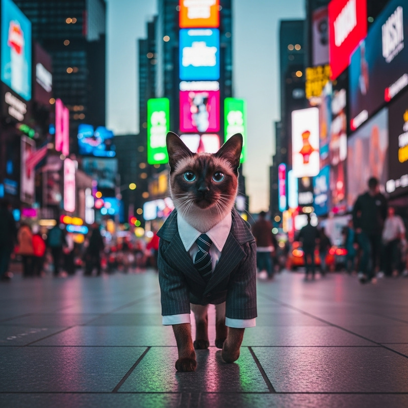 Stylish Siamese Cat Walking in Times Square Stylish Siamese Cat Walking in Times Square