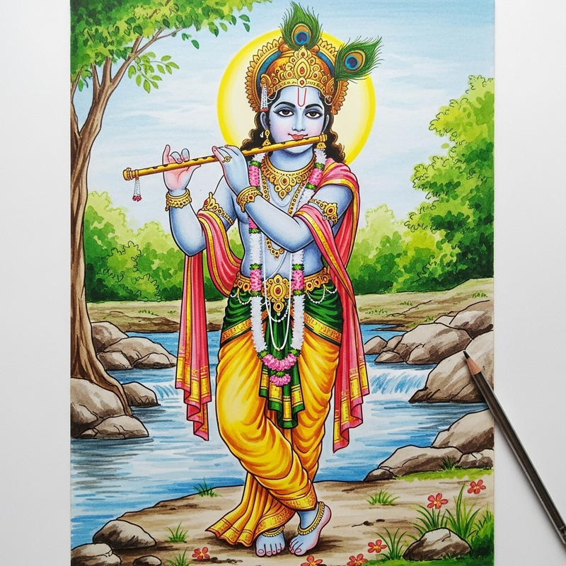 Divine Krishna Hand Drawing - Spiritual Artwork in Nature Divine Krishna Hand Drawing - Spiritual Artwork in Nature
