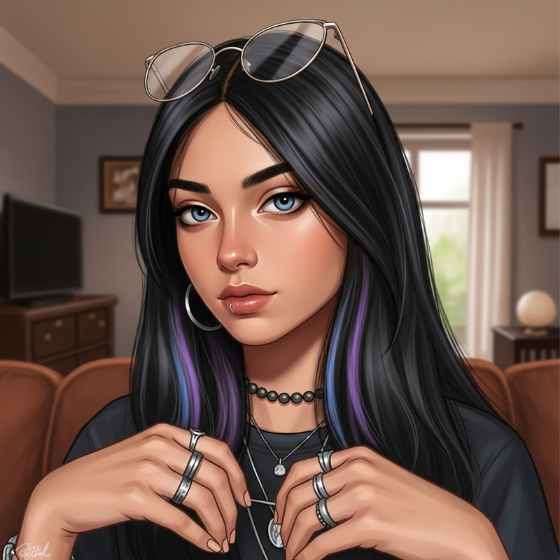 Teenage Girl with Black Hair, Blue Eyes, and Digital Art Style Teenage Girl with Black Hair, Blue Eyes, and Digital Art Style