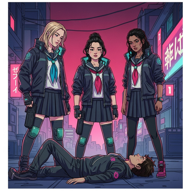 Futuristic Cyberpunk Schoolgirls - Vibrant Anime Action Futuristic Cyberpunk Schoolgirls - Vibrant Anime Action