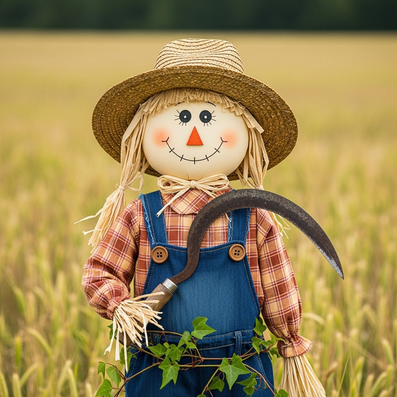 Smiling Scarecrow in Field with Rusty Sickle