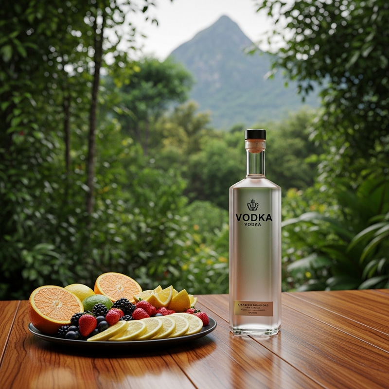 Vodka Bottle and Colorful Fruit Slices in Jungle Setting Vodka Bottle and Colorful Fruit Slices in Jungle Setting