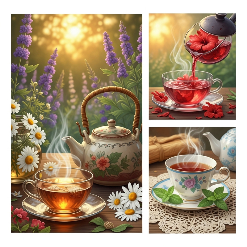 Experience Serenity: Herbal Tea Illustrations & Calming Garden Scenes Experience Serenity: Herbal Tea Illustrations & Calming Garden Scenes