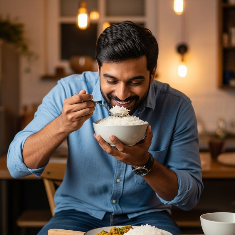 Man Indulging in Rice | Wholesome Kitchen Ambiance Man Indulging in Rice | Wholesome Kitchen Ambiance