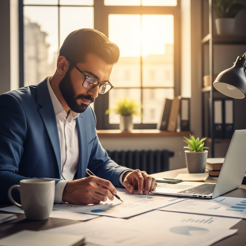 Middle-Eastern Strategy Professional with Glasses | Modern Office Setting Middle-Eastern Strategy Professional with Glasses | Modern Office Setting