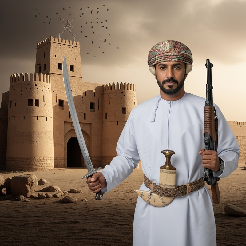 Omani Man in Traditional Attire with Dagger, Sword, Rifle, and Ancient Babha Castle in a Sandstorm Omani Man in Traditional Attire with Dagger, Sword, Rifle, and Ancient Babha Castle in a Sandstorm