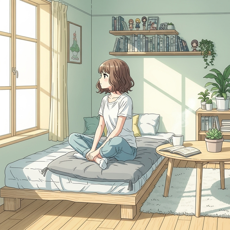 Anime Female in Serene White T-Shirt Room Illustration