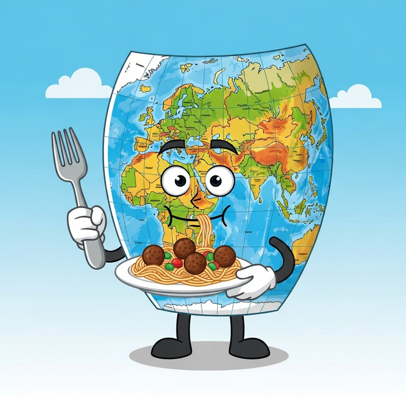 Funny Cartoon Map Enjoying Spaghetti Meal Funny Cartoon Map Enjoying Spaghetti Meal