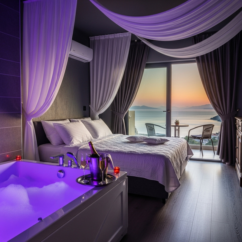 Romantic Apartment with Bubble Bath, LED Lights, and Sea View Romantic Apartment with Bubble Bath, LED Lights, and Sea View