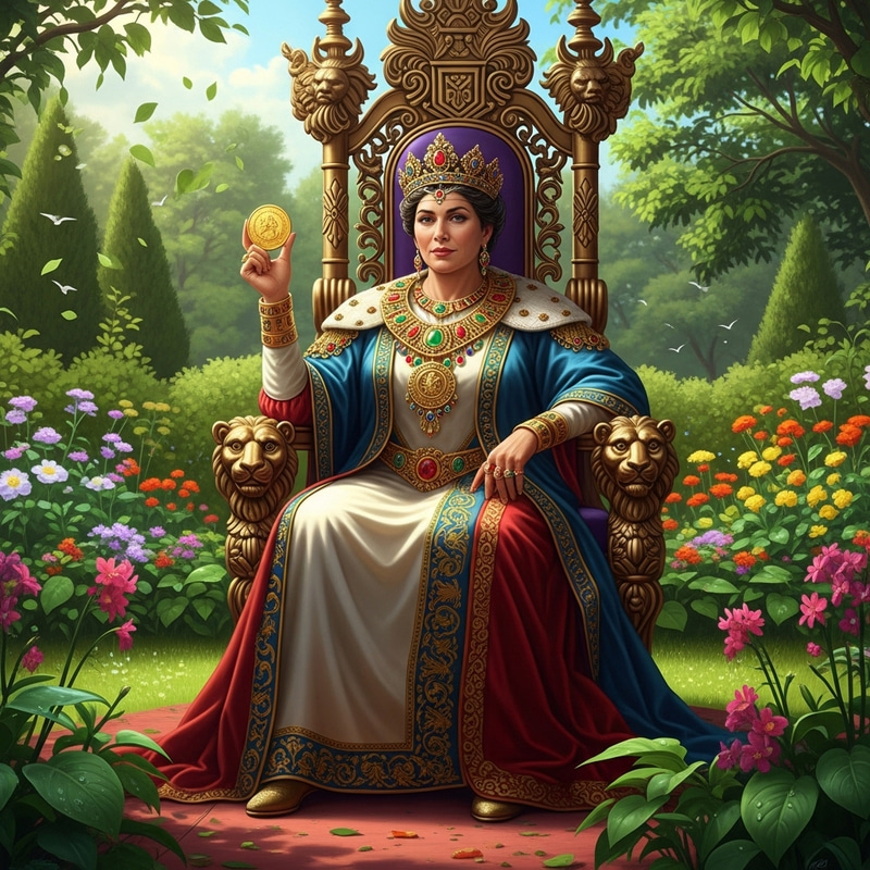 Opulent Queen of Coins on Elaborate Throne
