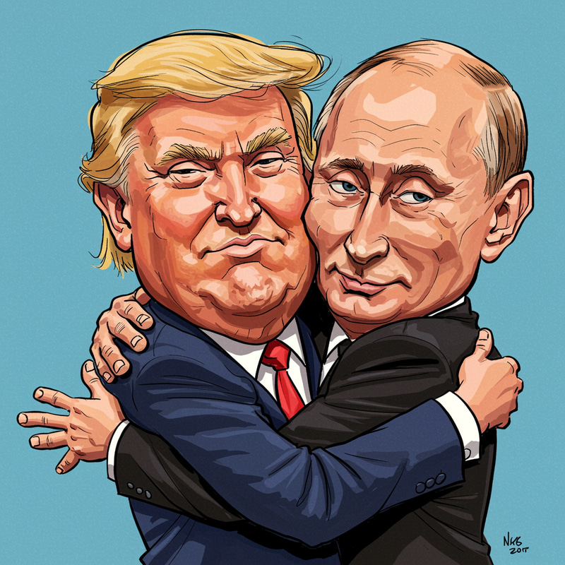 Trump and Putin Caricature Hugging Together
