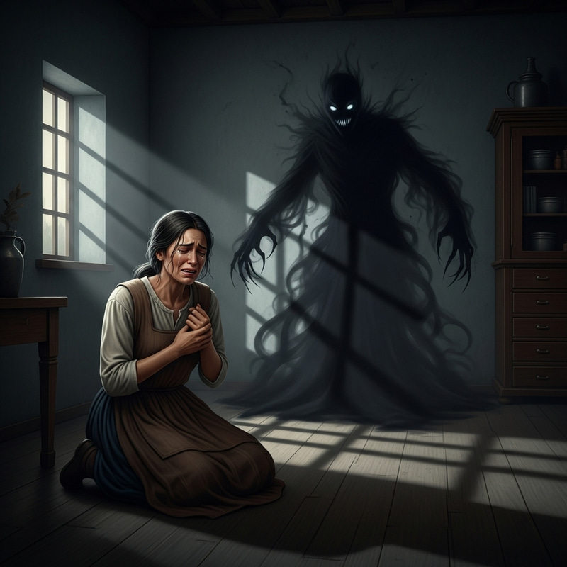 Hispanic Woman Confronts Menacing Entity in Chilling Room Scene Hispanic Woman Confronts Menacing Entity in Chilling Room Scene