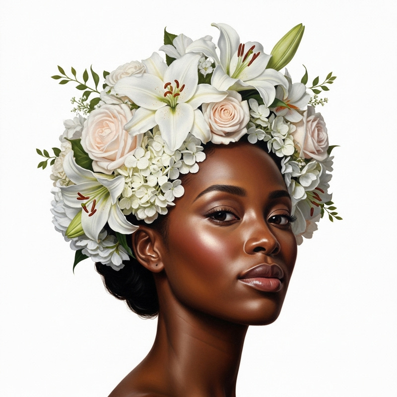 Hyper-Realistic Oil Painting of Black Woman with Floral Headpiece Hyper-Realistic Oil Painting of Black Woman with Floral Headpiece