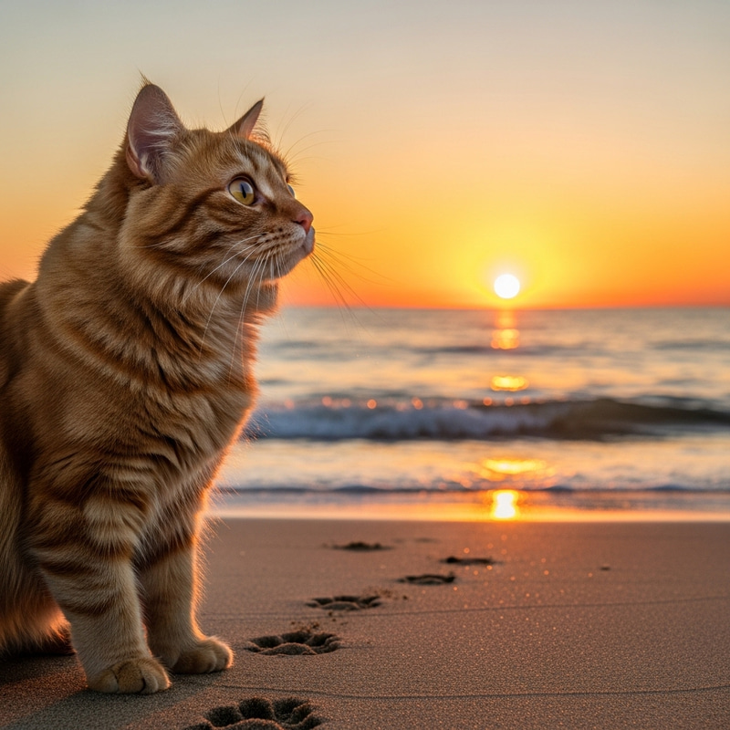 Adorable Cat Gazing at Beach Sunset