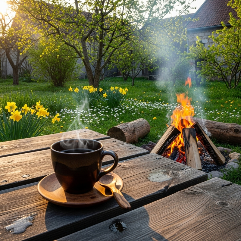 Coffee Cup at Spring Backyard Bonfire Scene
