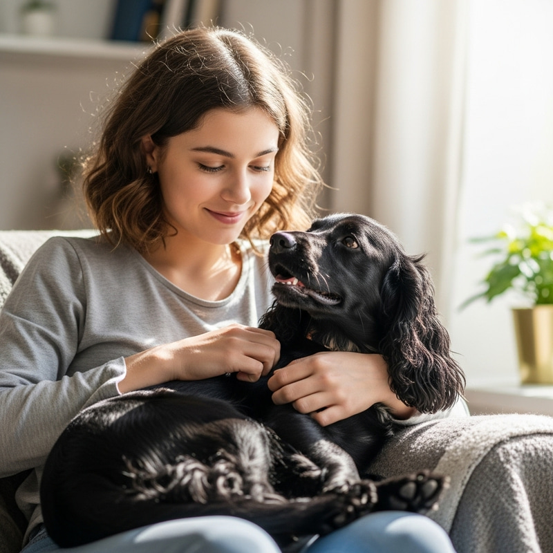 Black Spaniel and Girl - Loving Bond in Peaceful Home Setting