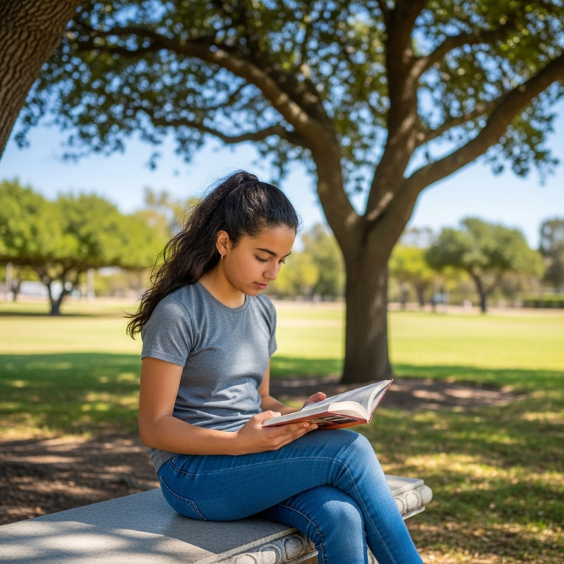 Young Hispanic Girl Reading Book in Sunny Park Young Hispanic Girl Reading Book in Sunny Park