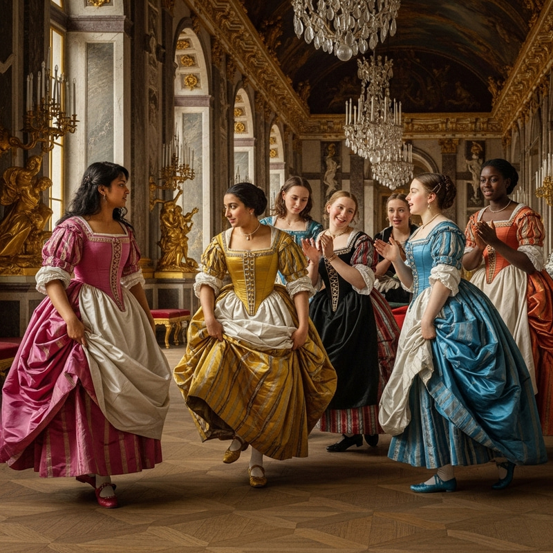 Baroque Style Painting of Joyful Multicultural Girls Dancing in Grand Hall Baroque Style Painting of Joyful Multicultural Girls Dancing in Grand Hall