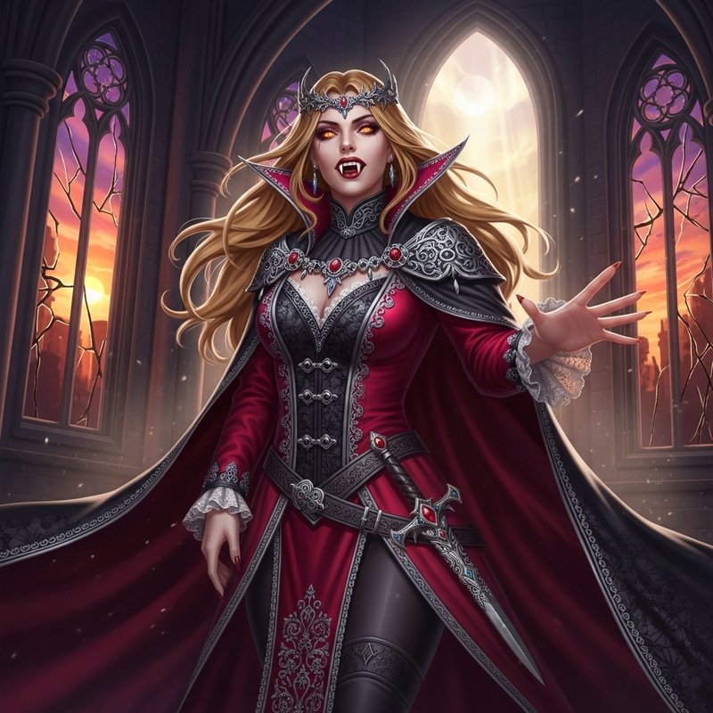 Majestic Female Vampire with Golden Hair in Dramatic Pose Majestic Female Vampire with Golden Hair in Dramatic Pose