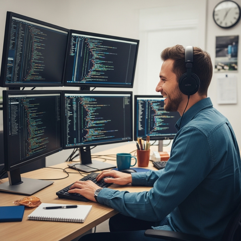 Clever Caucasian Male Programmer Coding with Algorithms | Tech Enthusiast Clever Caucasian Male Programmer Coding with Algorithms | Tech Enthusiast