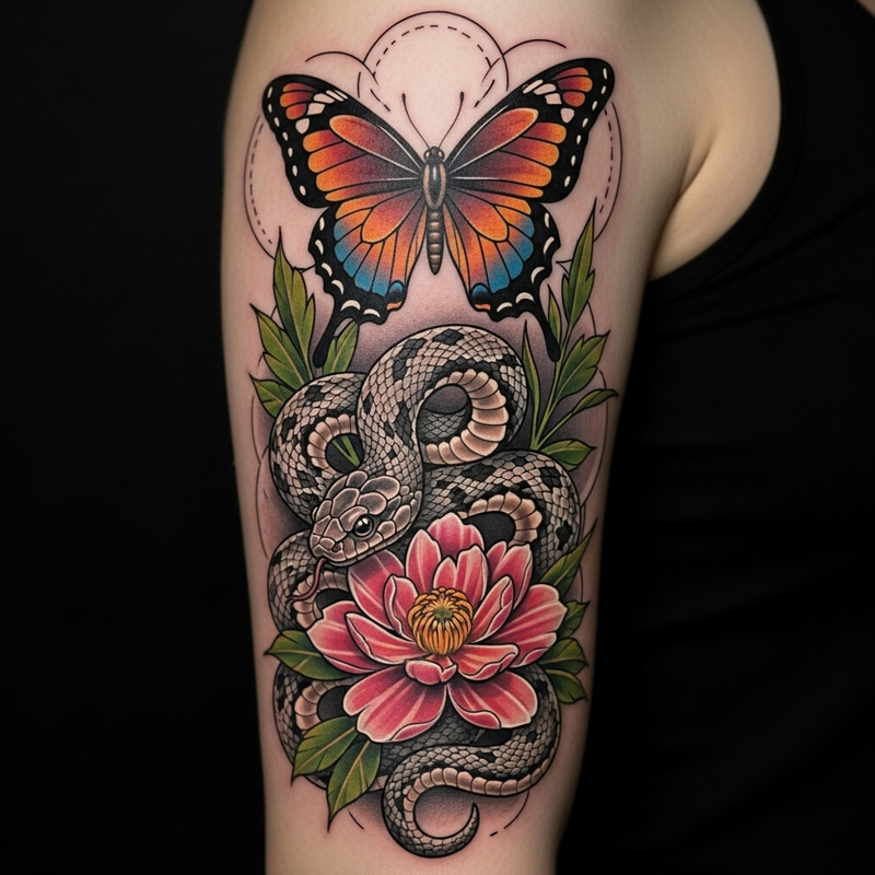 Snake, Flower, and Butterfly Tattoo Design