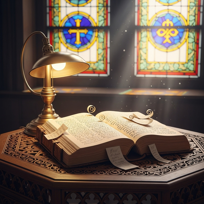 Vintage Leather Bible on Carved Wooden Table with Antique Brass Lamp