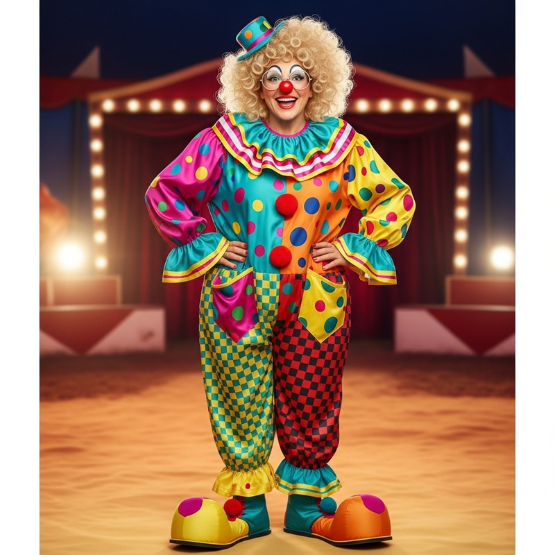 Playful Curly Blonde Clown Woman in Vibrant Costume Playful Curly Blonde Clown Woman in Vibrant Costume