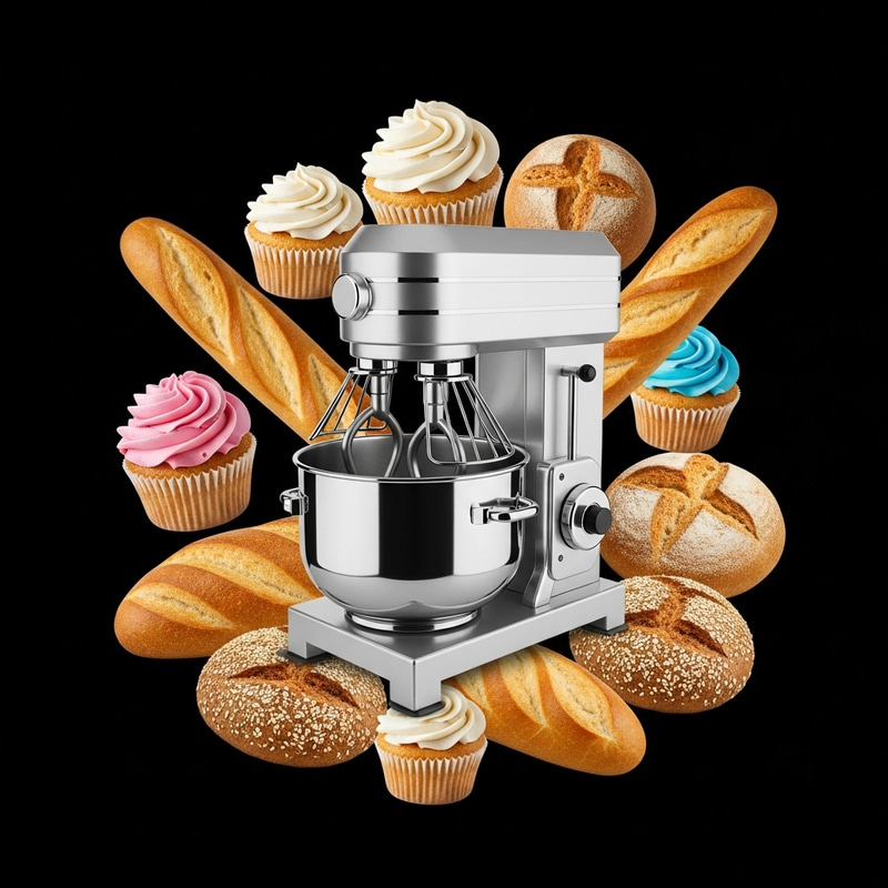 Simple Dough Mixer Logo Design with Breads & Cupcakes Simple Dough Mixer Logo Design with Breads & Cupcakes