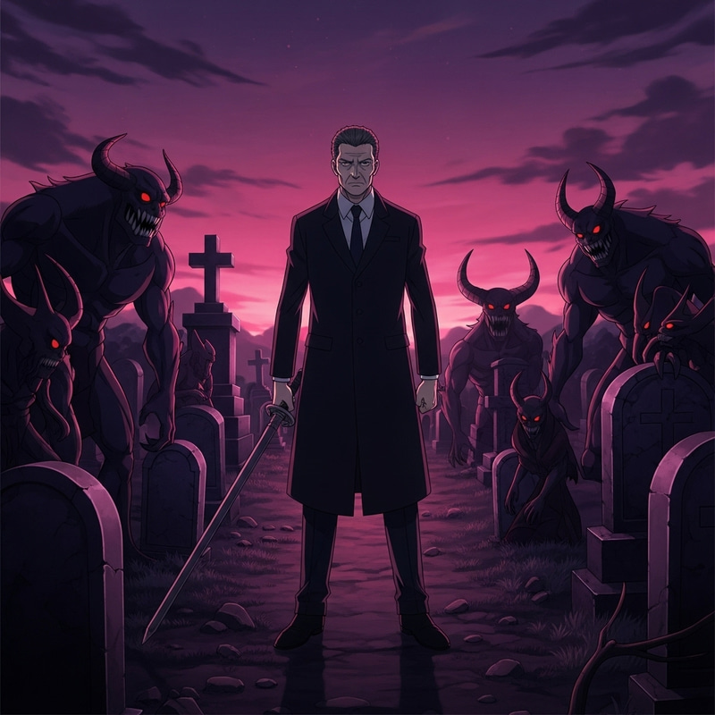 Anime Character in Graveyard Surrounded by Demons at Dusk Anime Character in Graveyard Surrounded by Demons at Dusk