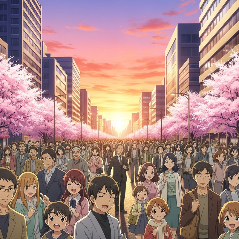 Happy Anime Cityscape with Diverse Characters - Lively Scene Happy Anime Cityscape with Diverse Characters - Lively Scene