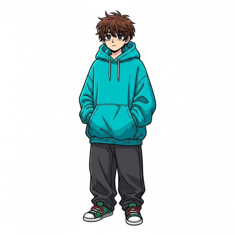 Messy Brown Hair Character in Oversized Turquoise Hoodie